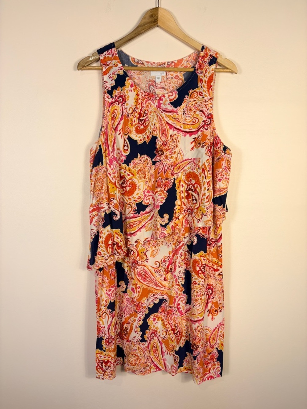 J. Jill Orange Paisley Sleeveless Dress Flowy Tiered Resort Vacation Boho